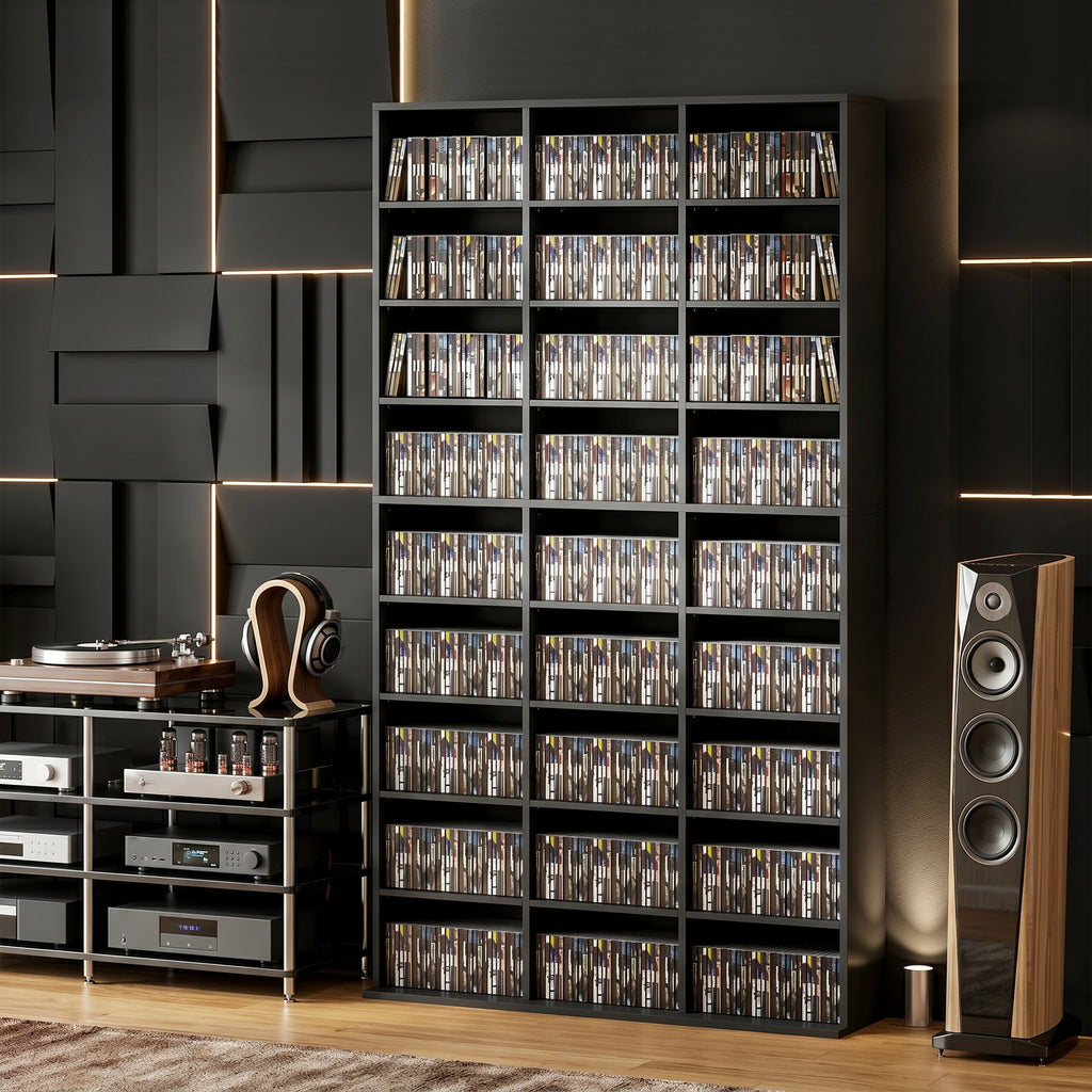 835 CD/500 DVD Storage Unit, Blu-ray Media Storage Shelf with 27 Compartments and 21 Adjustable Shelves, Black