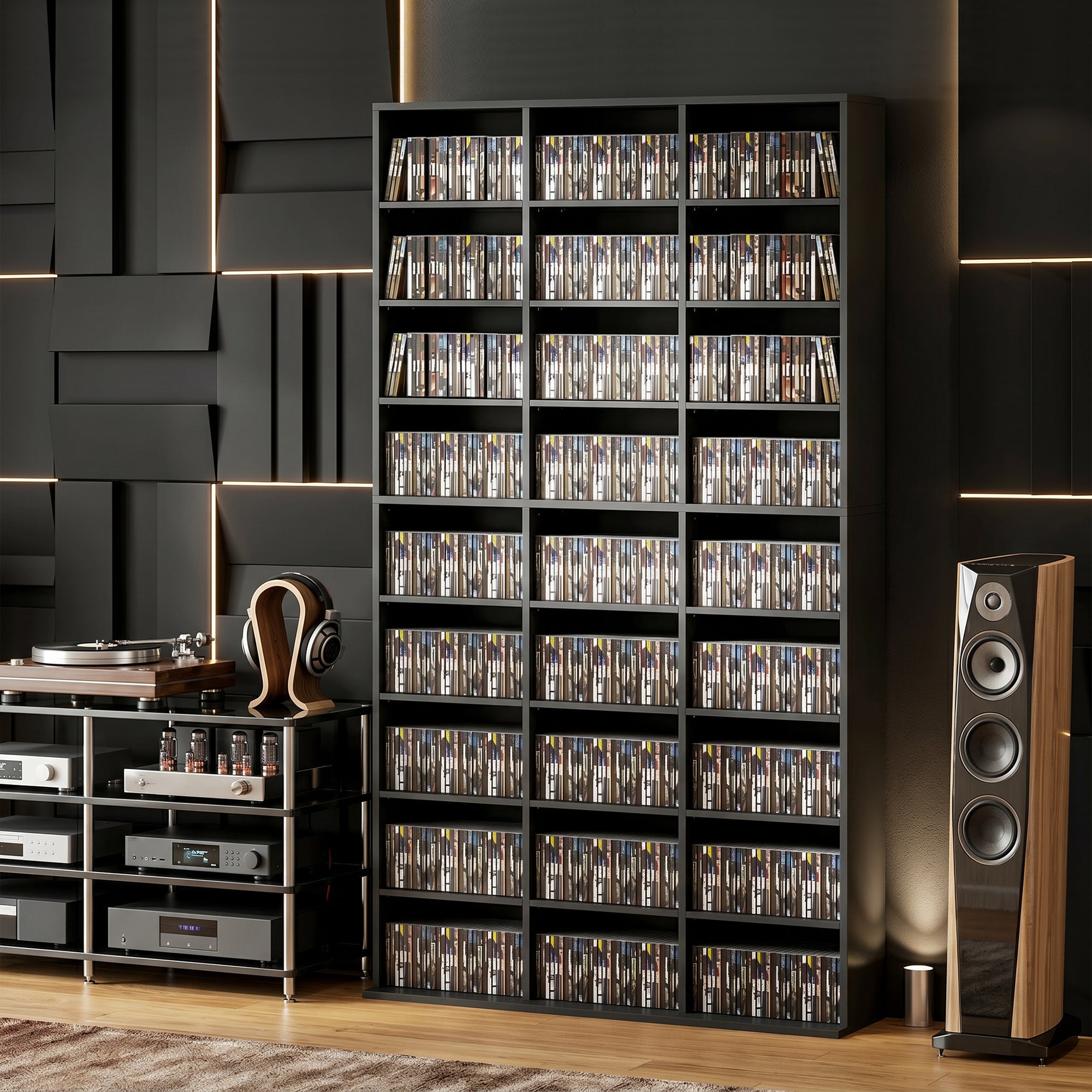 835 CD/500 DVD Storage Unit, Blu-ray Media Storage Shelf with 27 Compartments and 21 Adjustable Shelves, Black