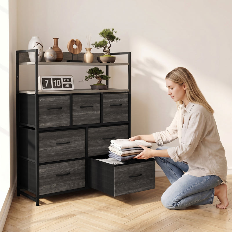 HOMCOM Chest of Drawers, Bedroom Fabric Dresser with 7 Drawers, Storage Organiser Unit with Open Shelves, Grey – view 8