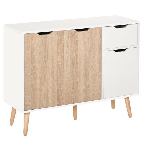 White Scandi sideboard with natural wood-effect doors, top drawer and solid wood legs