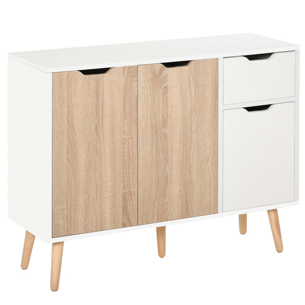 White Scandi sideboard with natural wood-effect doors, top drawer and solid wood legs