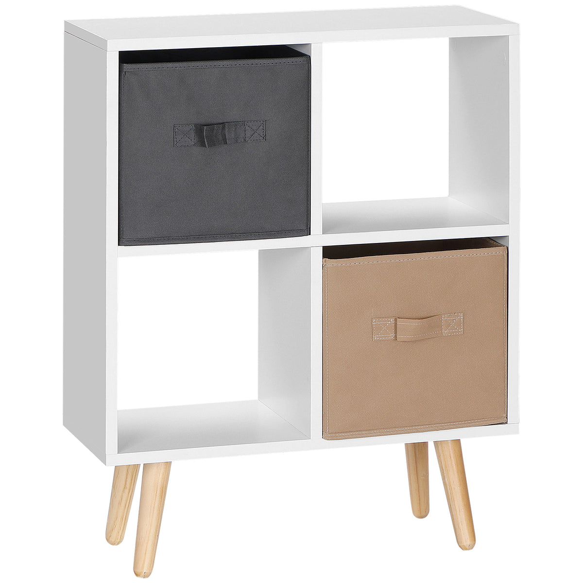White 4-cube storage unit with two open cubes, two fabric drawers and wooden legs