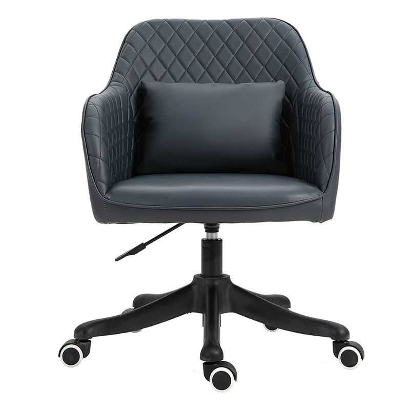 Deep blue faux leather tub desk chair with armrests, massage lumbar pillow and swivel wheels