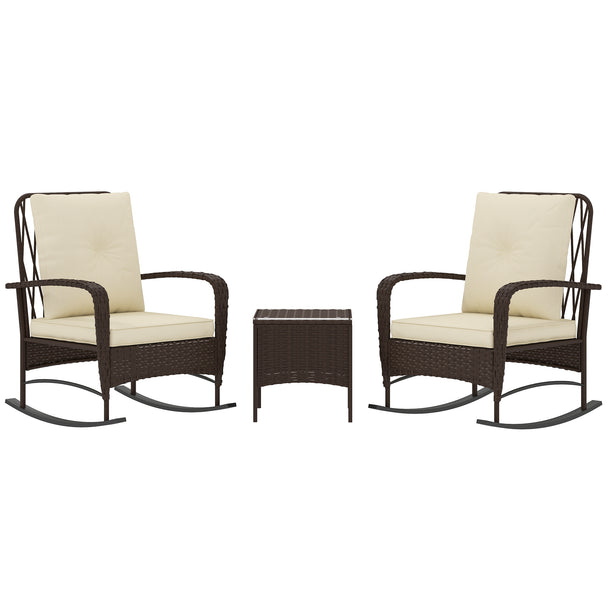 Brown rattan bistro set with two rocking armchairs, khaki cushions and glass-top table