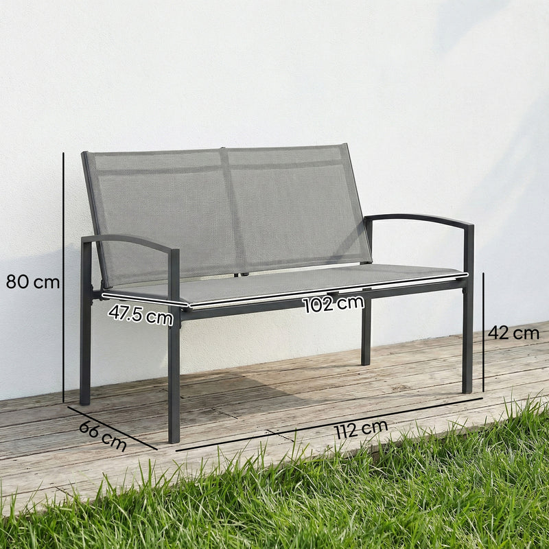 Outsunny Metal Garden Bench, 2 Seater Outdoor Furniture Seating with Breathable Texteline Fabric, Park Patio Seat, Grey – view 3