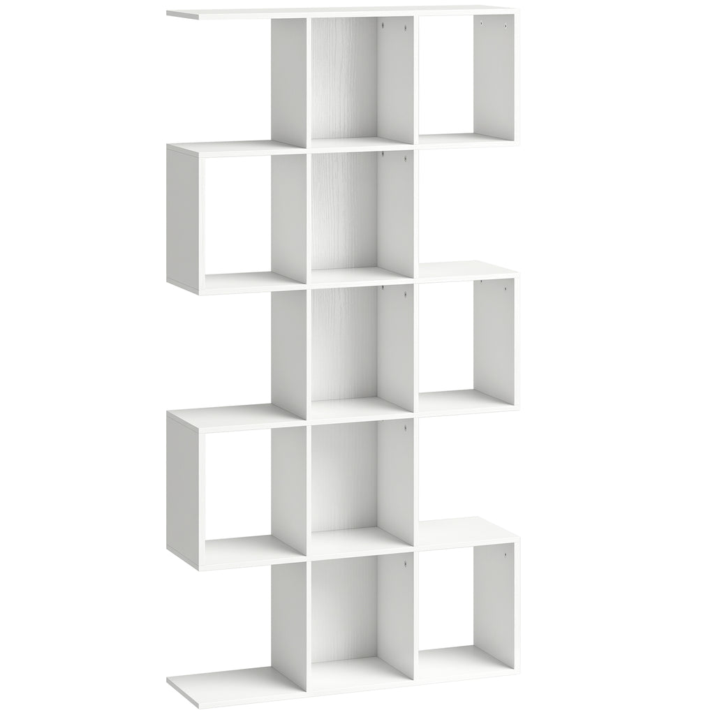 5-Tier Bookshelf, S Shaped Geometric Bookcase with 15 Compartments, White Wood Effect