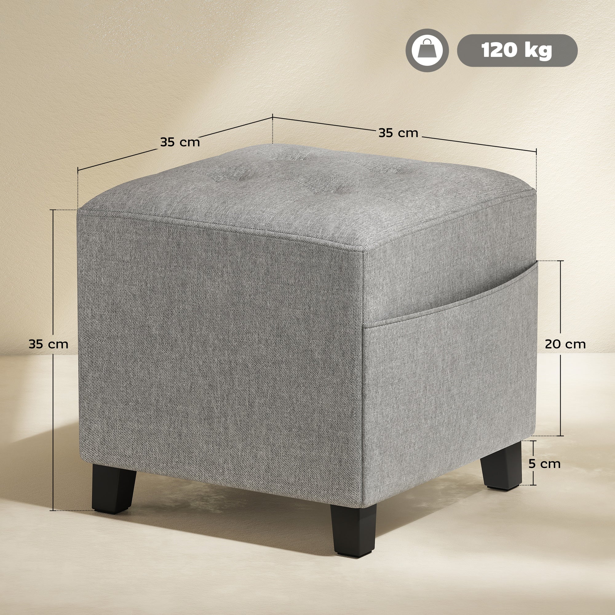 Square Footstool, Small Ottoman with Side Pocket, Linen Fabric Footrest Foot Stool with Rubber Wood Legs and Padded Seat for Living Room, Bedroom, Entryway, 35 x 35 x 35cm, Light Grey
