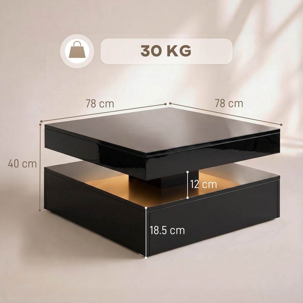 LED Coffee Table with Storage, 2-Tier Modern Centre Table with Open Shelf and Remote for Living Room, High Gloss Black