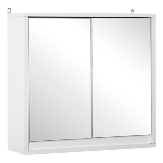 Compact white wall mirror cabinet with two mirrored doors