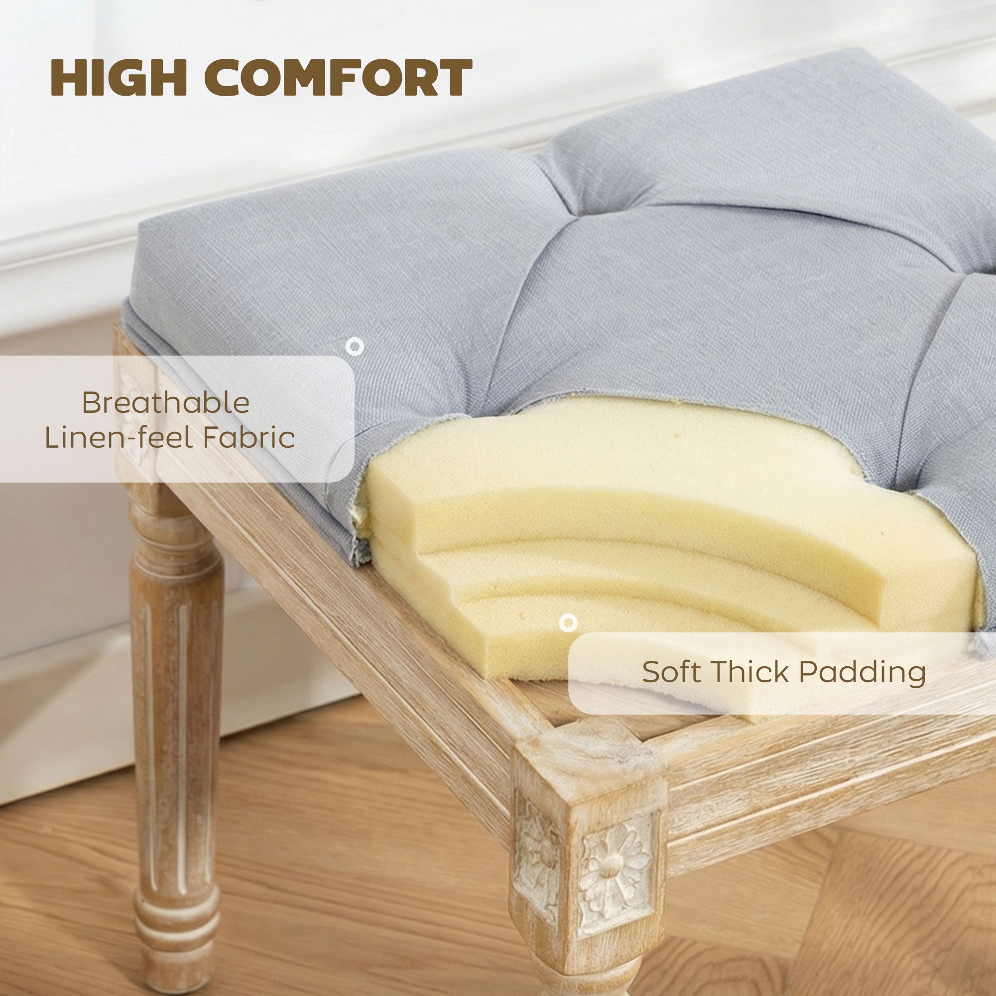 Vintage Foot Stool, Tufted Square Footrest with Wood Legs, Light Grey