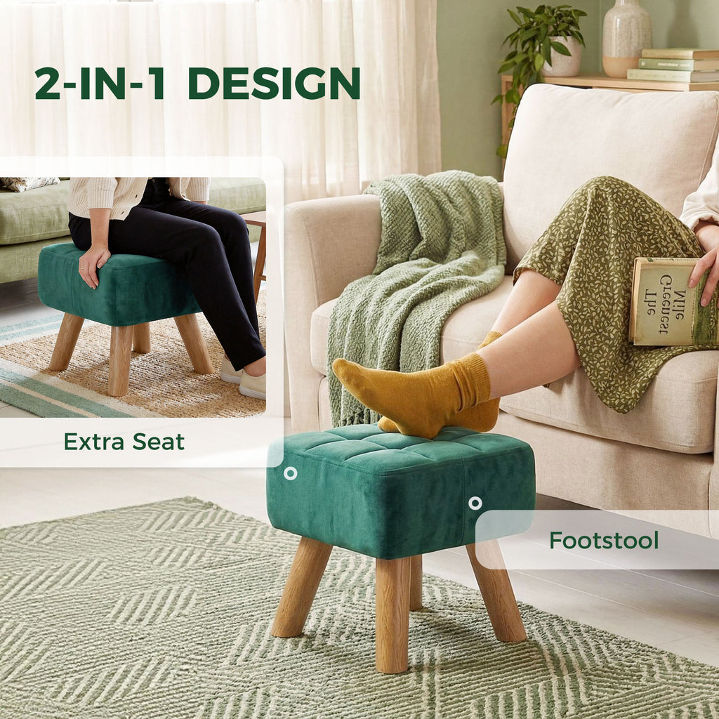 Velvet Square Padded Footstool - Dark Green