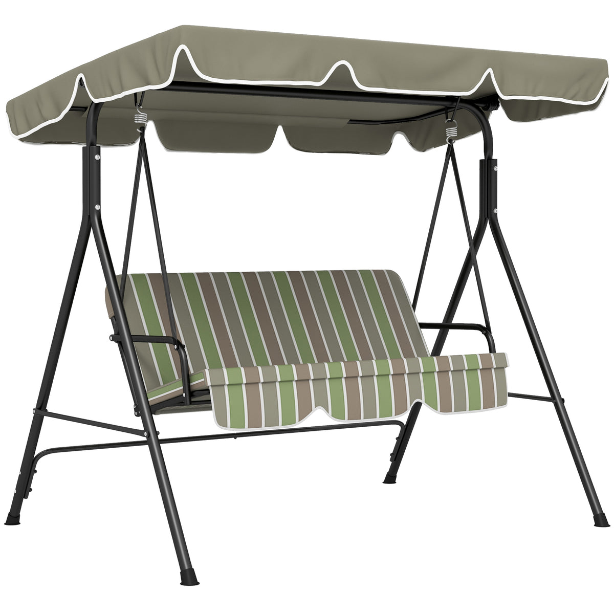 Green and grey striped 3-seater garden swing seat with adjustable canopy