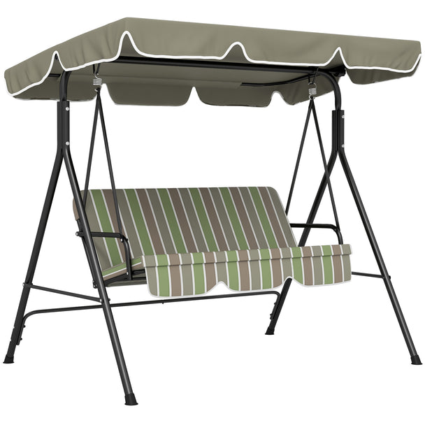 Green and grey striped 3-seater garden swing seat with adjustable canopy