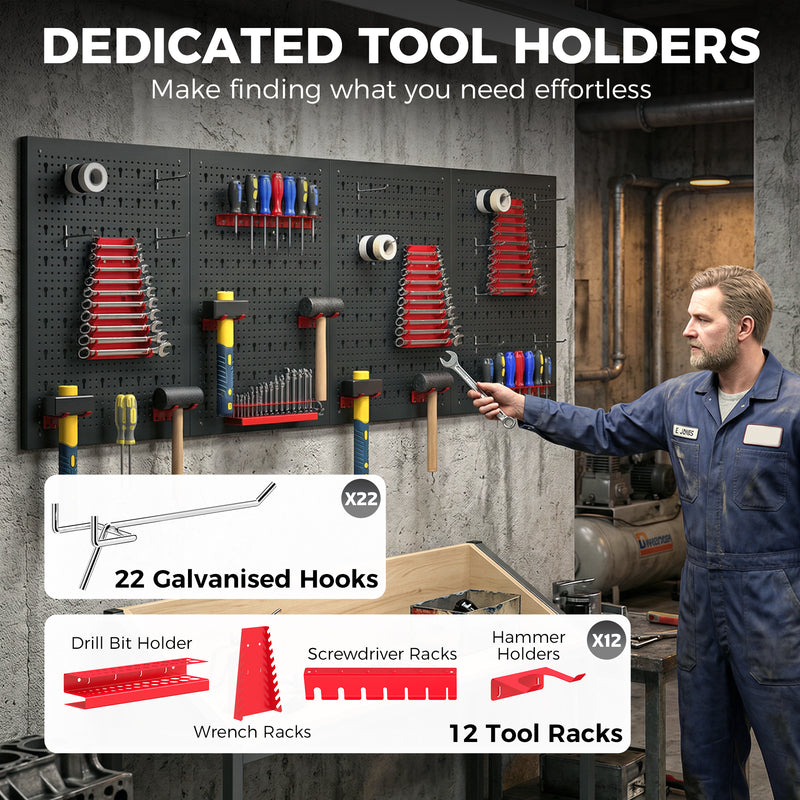 38-Piece Wall-Mounted Tool Pegboard Set with 4 Panels – Black/Red – image 5 of 9
