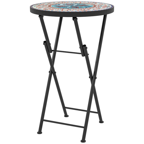 Folding round Ø35.5 cm garden side table with orange, blue and white mosaic top