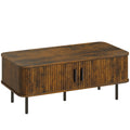 Coffee Table with Storage, Living Room Table with Slatted Tambour Sliding Doors and Adjustable Foot Pads, Rectangular Coffee Table with Elevated Base for Living Room, Rustic Brown