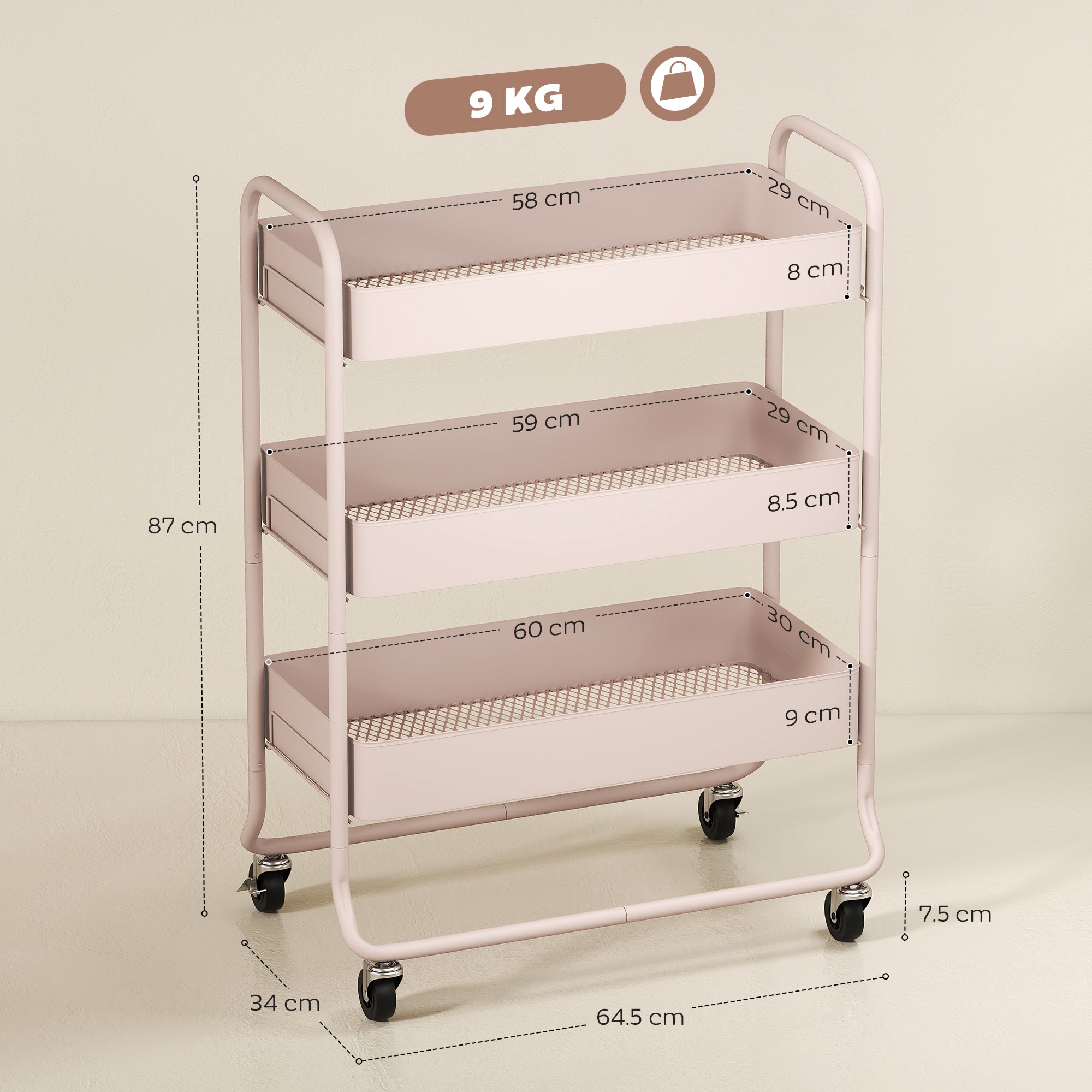 HOMCOM 3-Tier Storage Trolley on Wheels with Mesh Baskets - Light Pink