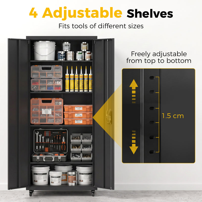 180cm Lockable Steel Tool Cabinet with Wheels & Adjustable Shelves – Black – image 6 of 9