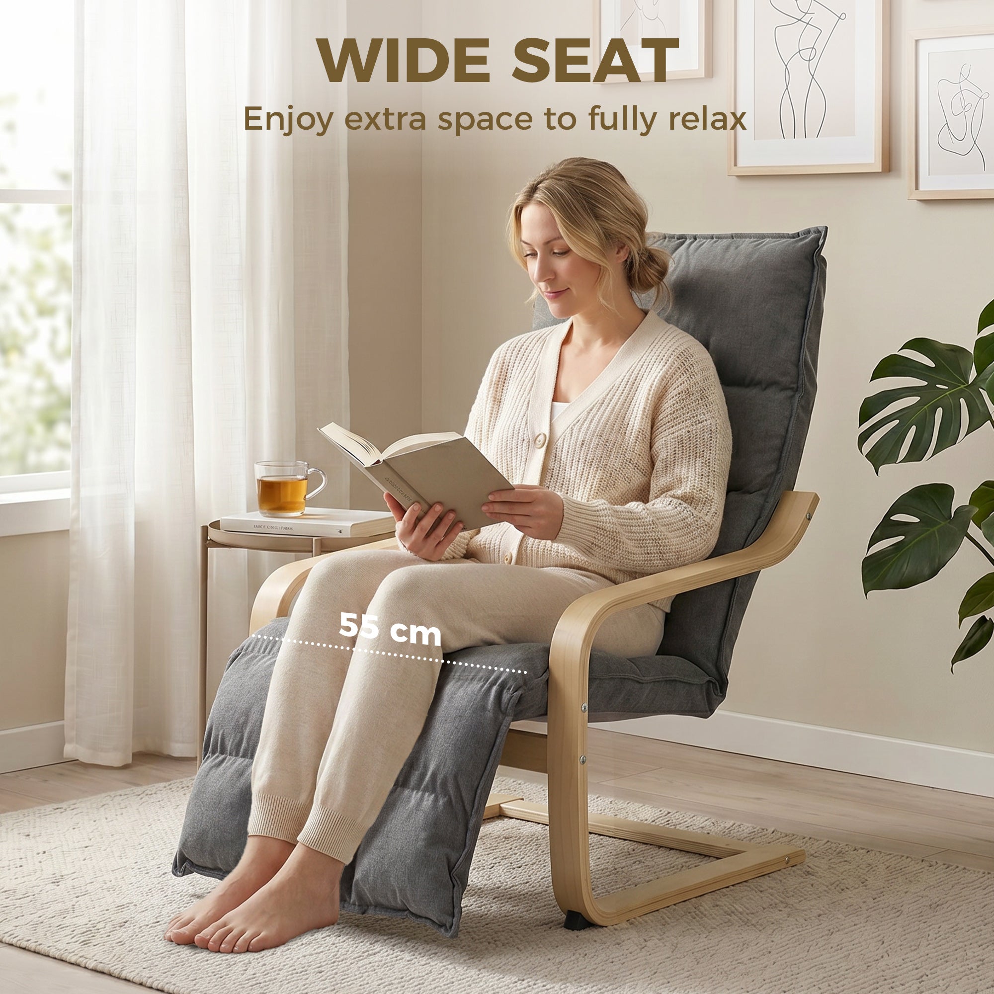 Modern Accent Chair, Leisure Lounge Chair Armchair with Footrest, Plush Cushion, Curved Legs and Arms, Grey