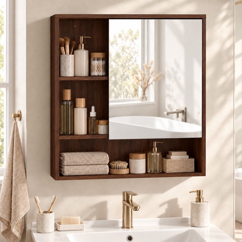 HOMCOM Bathroom Mirror Cabinet, Wall-Mounted Bathroom Cabinet with Mirror Door, Adjustable Shelves, Walnut Brown – view 8