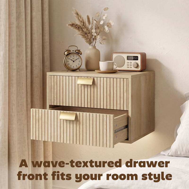 HOMCOM Modern Floating Nightstands Set of 2, Wall Mounted Bedside Tables with 2 Drawers, Oak – view 7