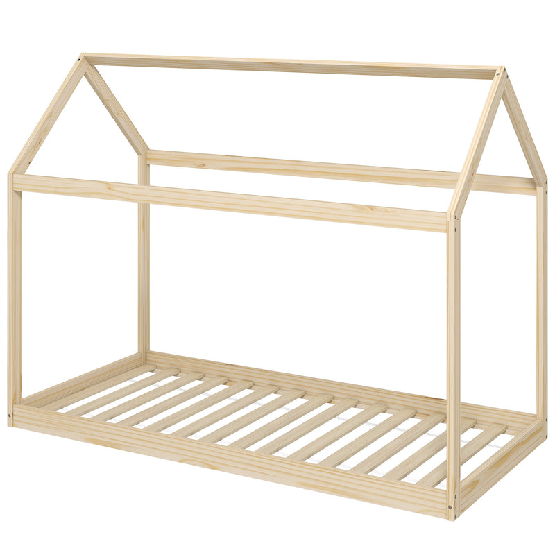 Natural pine Scandinavian house-shaped single bed frame with open roof frame