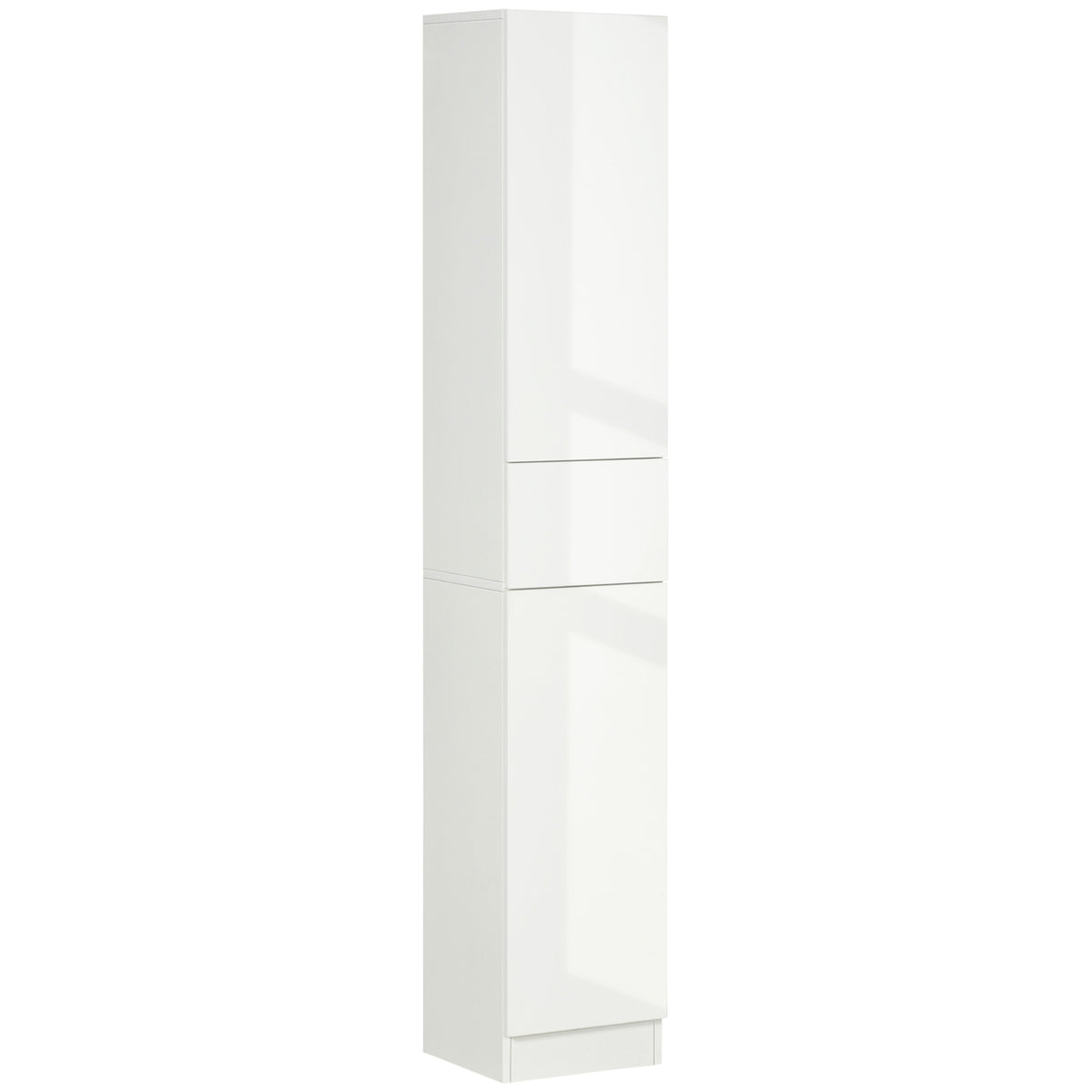 White high gloss tall bathroom cabinet with push-to-open doors and drawer