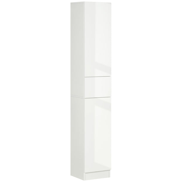 White high gloss tall bathroom cabinet with push-to-open doors and drawer