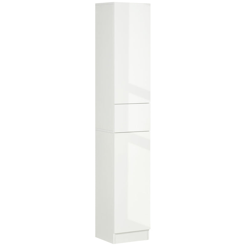 White high gloss tall bathroom cabinet with push-to-open doors and drawer