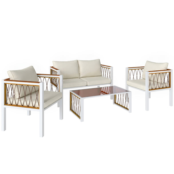 Cream rattan 4-piece sofa set with wood-effect slats, loveseat, two armchairs and glass-top coffee table