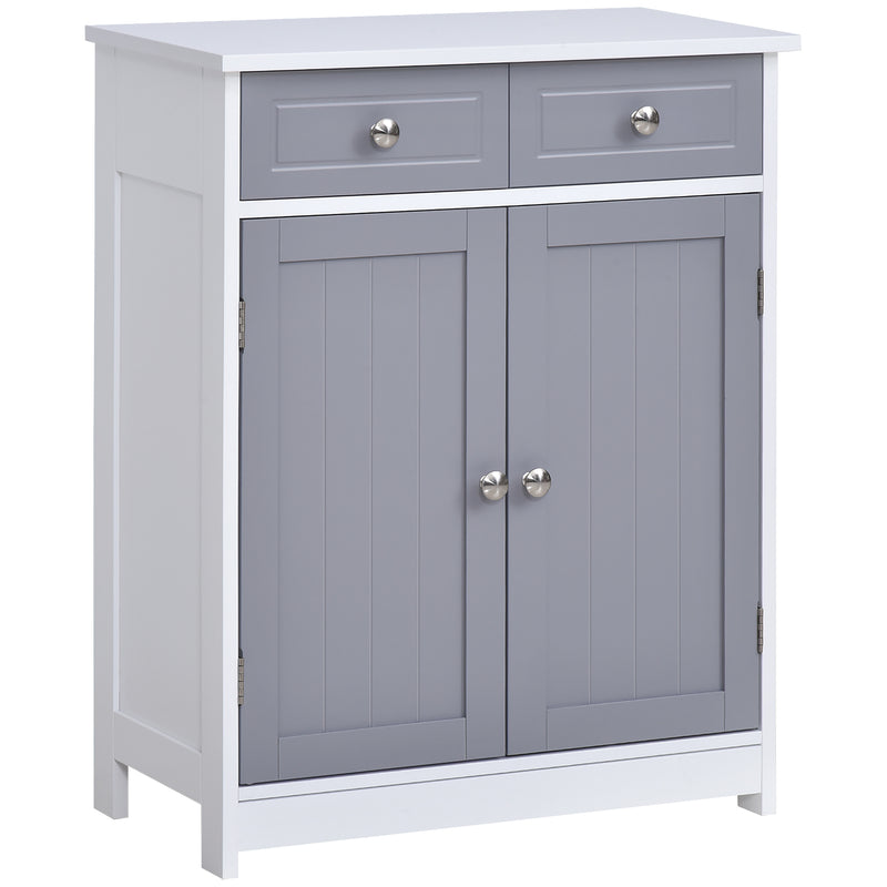 Traditional grey and white bathroom floor cabinet with two drawers above a cupboard