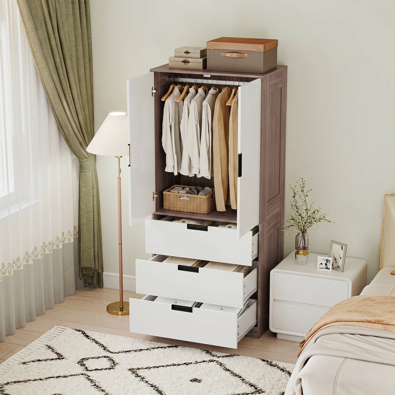 HOMCOM Modern Clothes Storage Cupboard Unit, 3 Drawer 2 Door Wardrobe with Hanging Rod, White/Brown – view 7