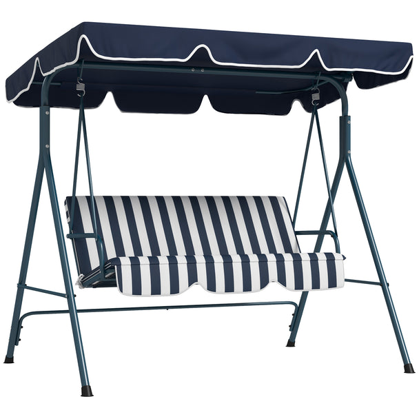 Blue and white striped 3-seater garden swing seat with adjustable canopy