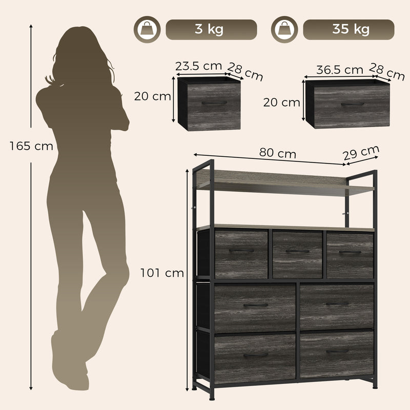 HOMCOM Chest of Drawers, Bedroom Fabric Dresser with 7 Drawers, Storage Organiser Unit with Open Shelves, Grey – view 3