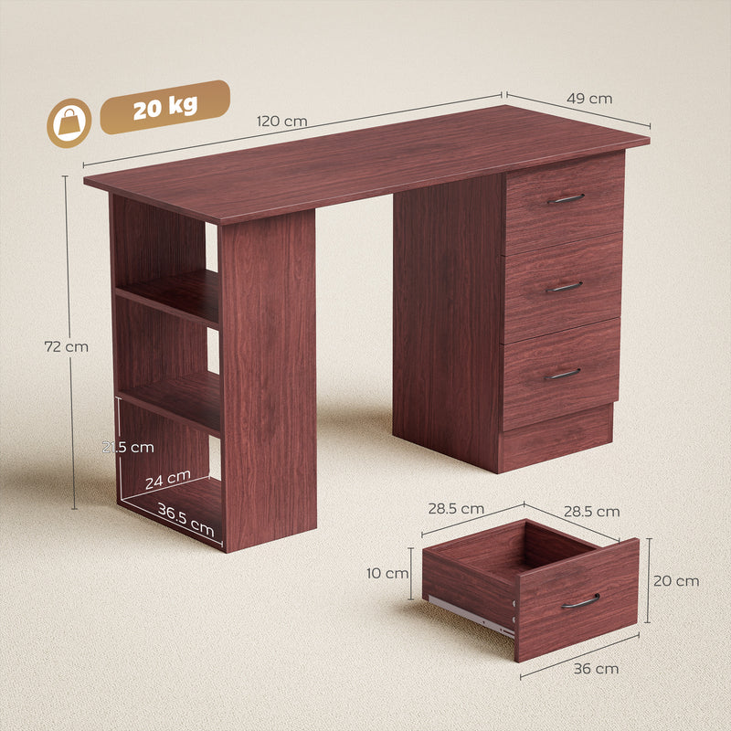 HOMCOM Computer Desk, Writing Table, PC Workstation with 3 Storage Shelves and Drawers, Handle, for Home Office, Walnut – view 3