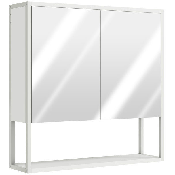 White wall-mounted bathroom mirror cabinet with soft-close mirrored doors and open shelf