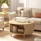 Coffee Table with Lift Top and Hidden Storage, Round Centre Table with Fluted Sliding Door, 80 cm, Natural Wood