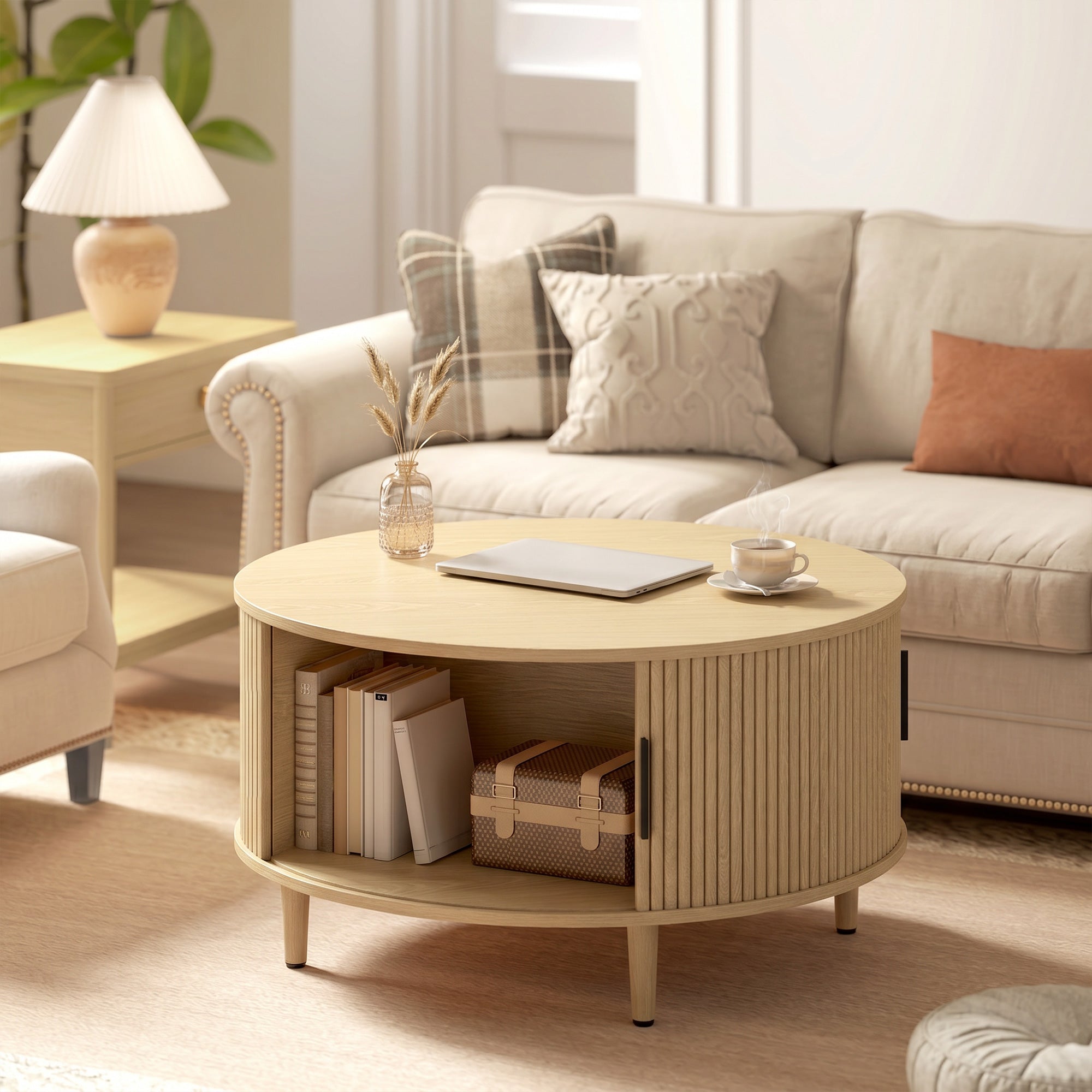 Coffee Table with Lift Top and Hidden Storage, Round Centre Table with Fluted Sliding Door, 80 cm, Natural Wood
