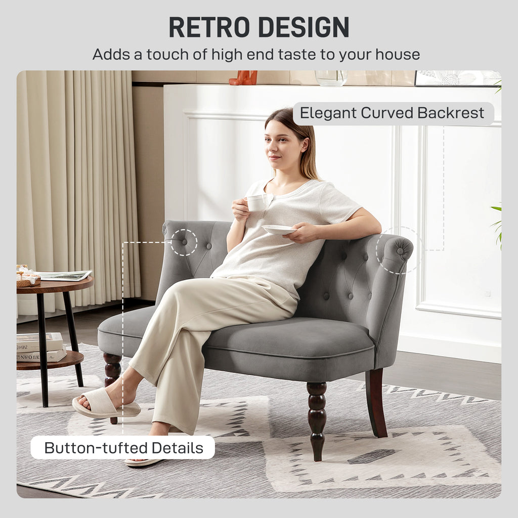 Velvet 2 Seater Sofa, Button Tufted Wingback Loveseat with Rubber Wood Legs for Living Room, Bedroom, Charcoal Grey