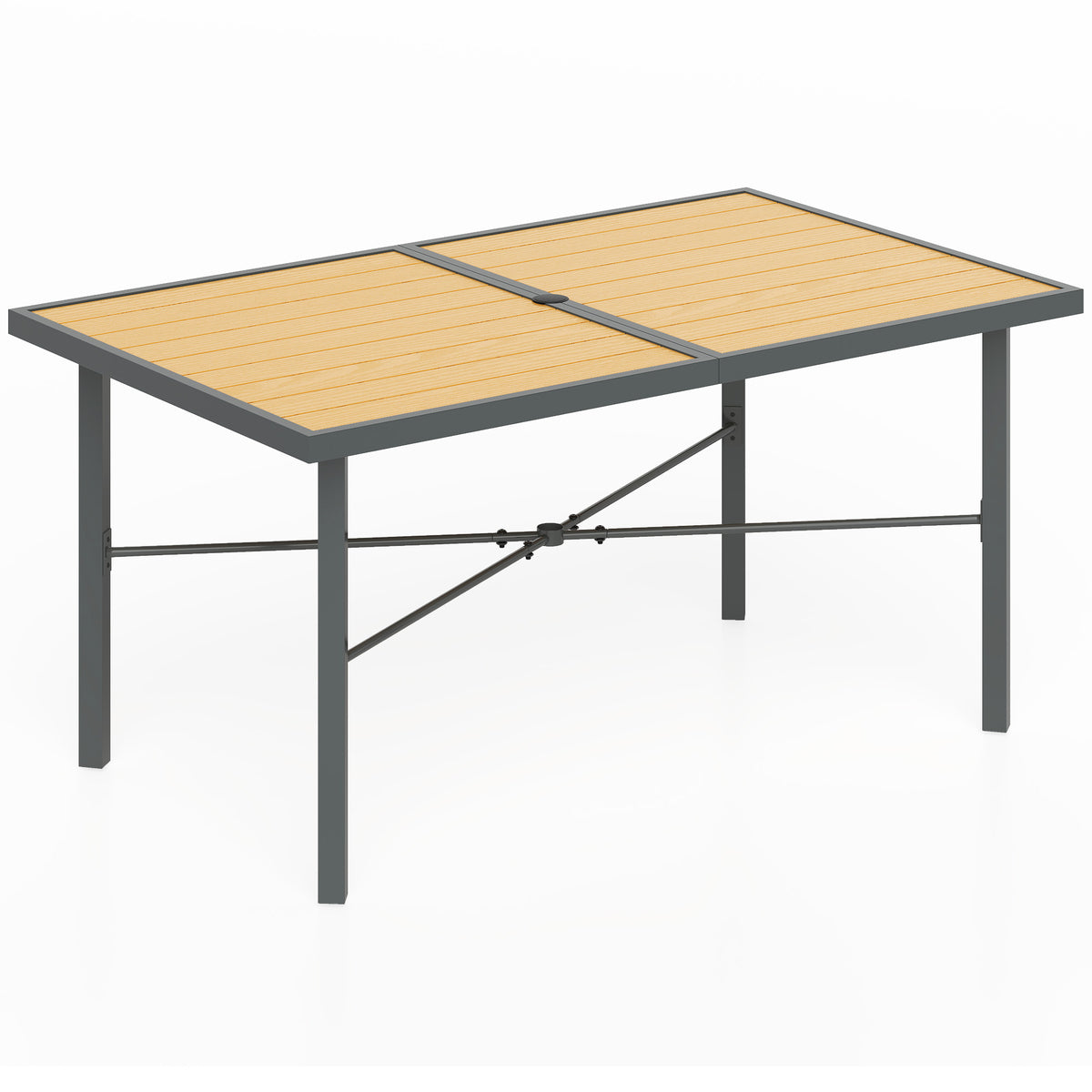 150 cm six-seater steel garden table with natural wood-effect slatted top, grey frame and parasol hole