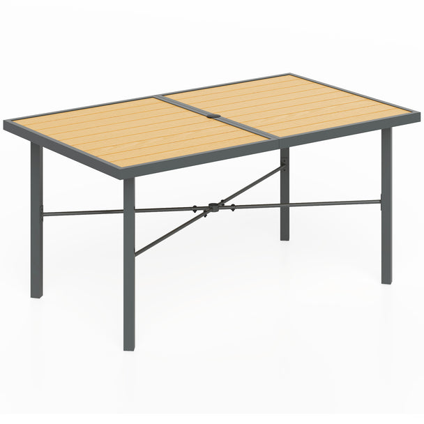 150 cm six-seater steel garden table with natural wood-effect slatted top, grey frame and parasol hole