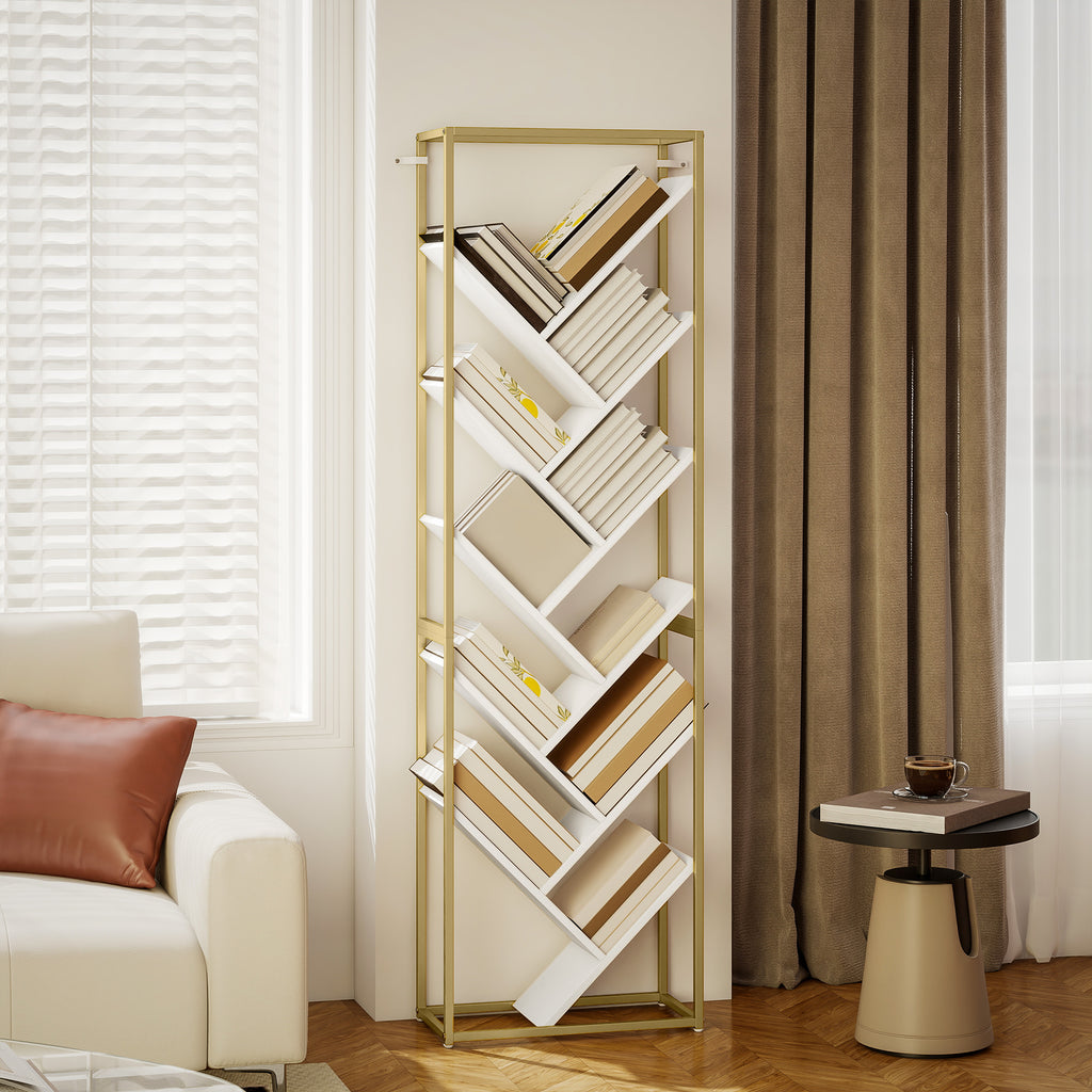 10 Shelf Modern-Style Bookshelf - Gold Tone/White