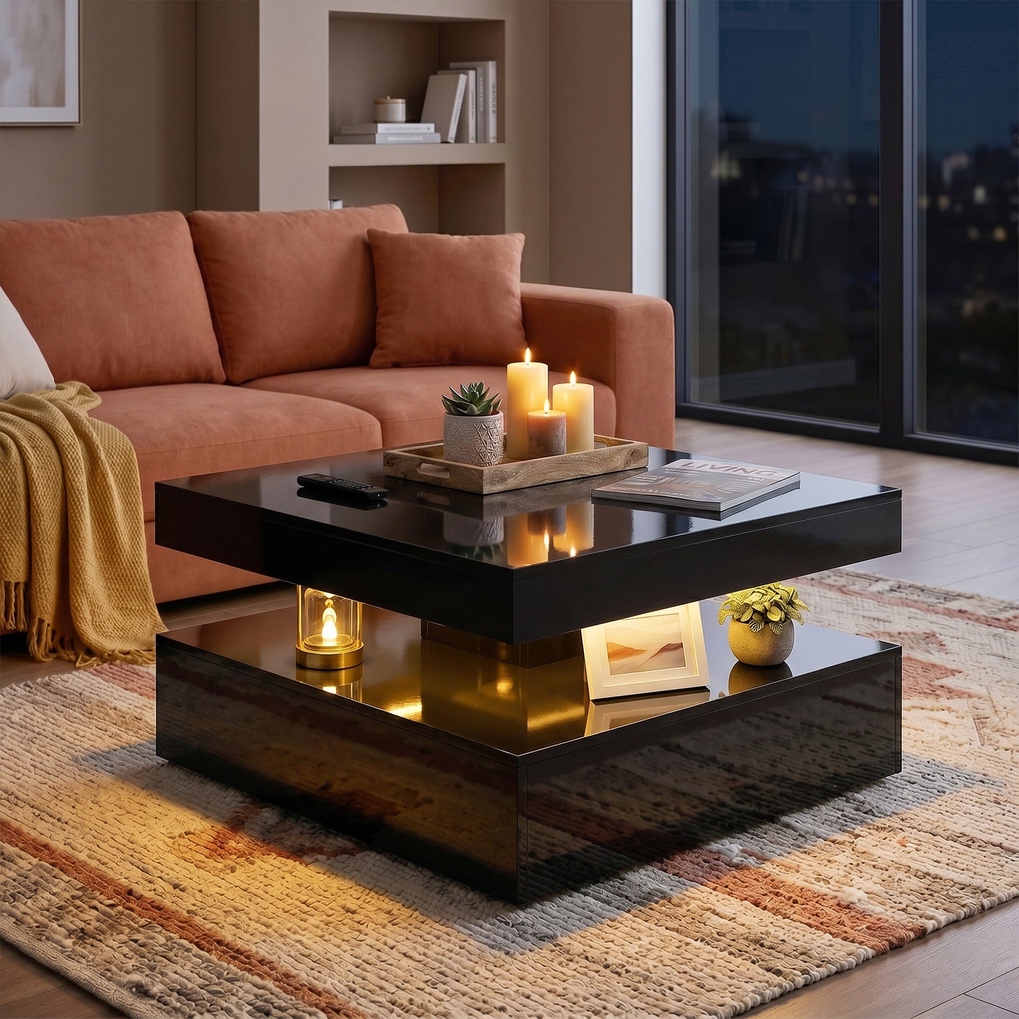 LED Coffee Table with Storage, 2-Tier Modern Centre Table with Open Shelf and Remote for Living Room, High Gloss Black