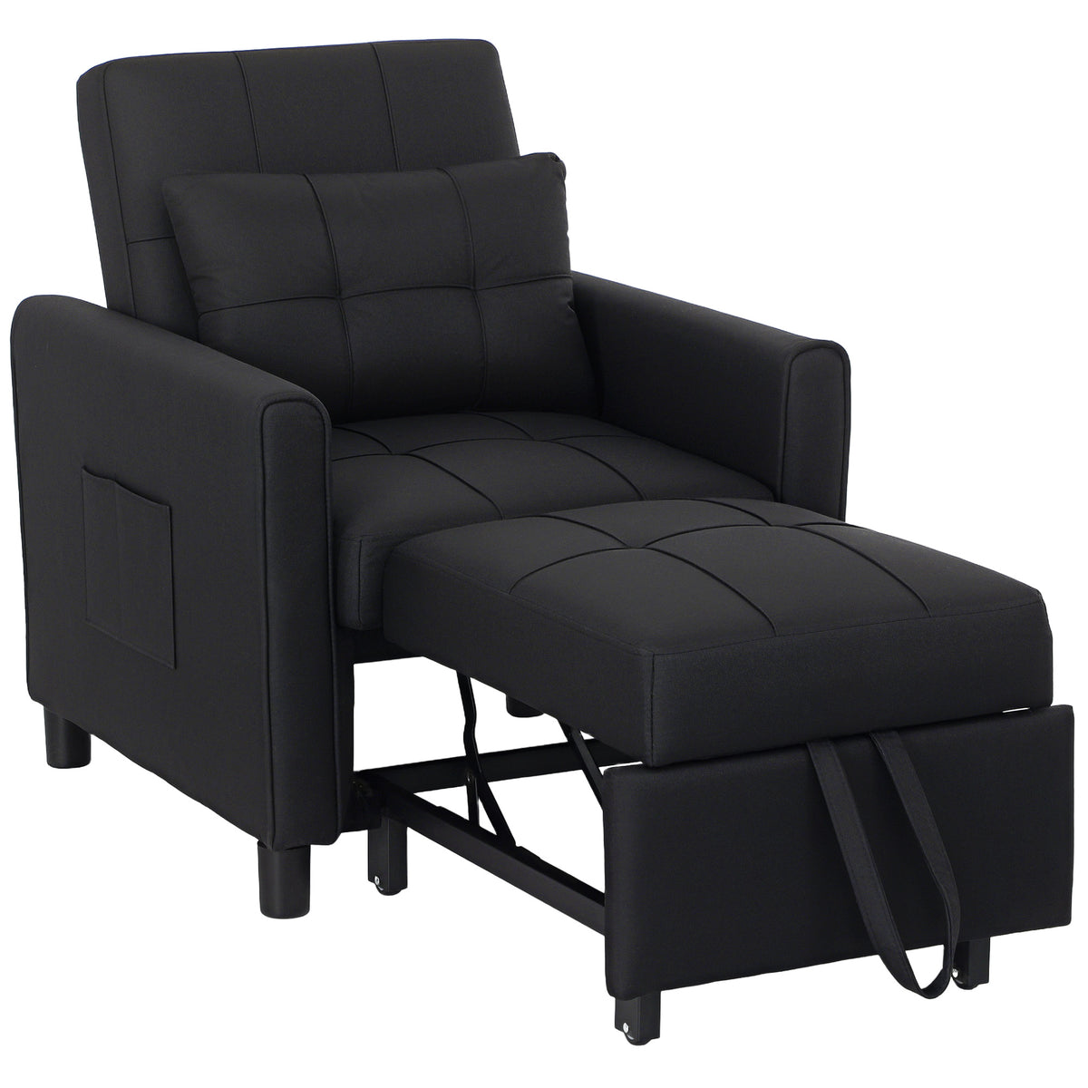 3-in-1 Linen Chair Bed with Side Pockets – Black