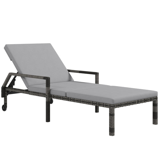 Grey rattan sun lounger with five-level backrest, cushion and wheels