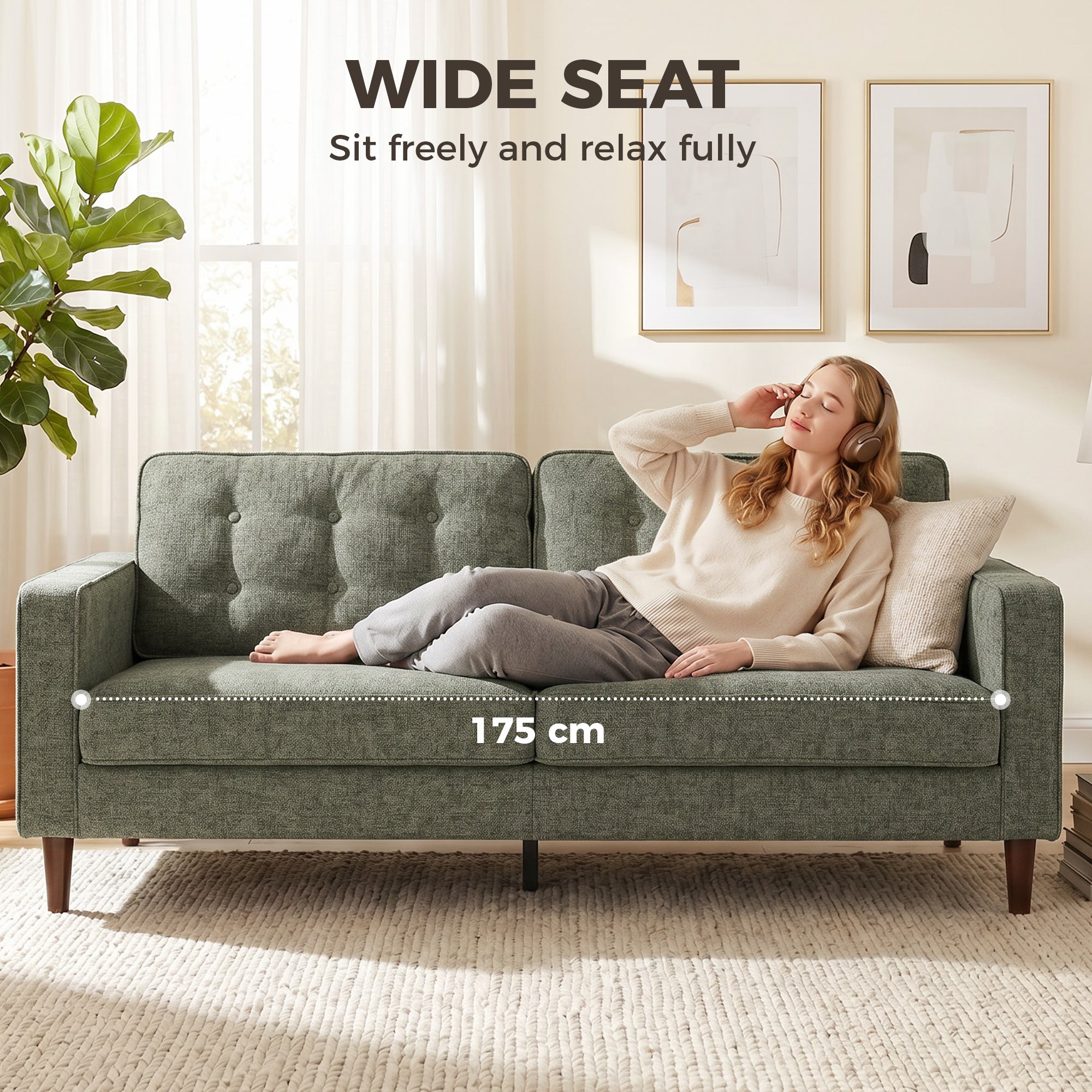 3 Seater Sofa Button Tufted Upholstered Couch with Wood Legs for Living Room, Green