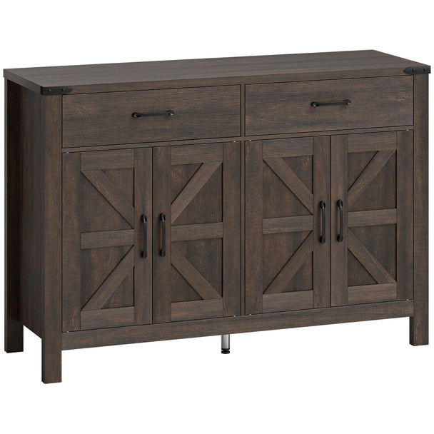 120 cm dark brown farmhouse sideboard with barn doors, 2 drawers and metal accents