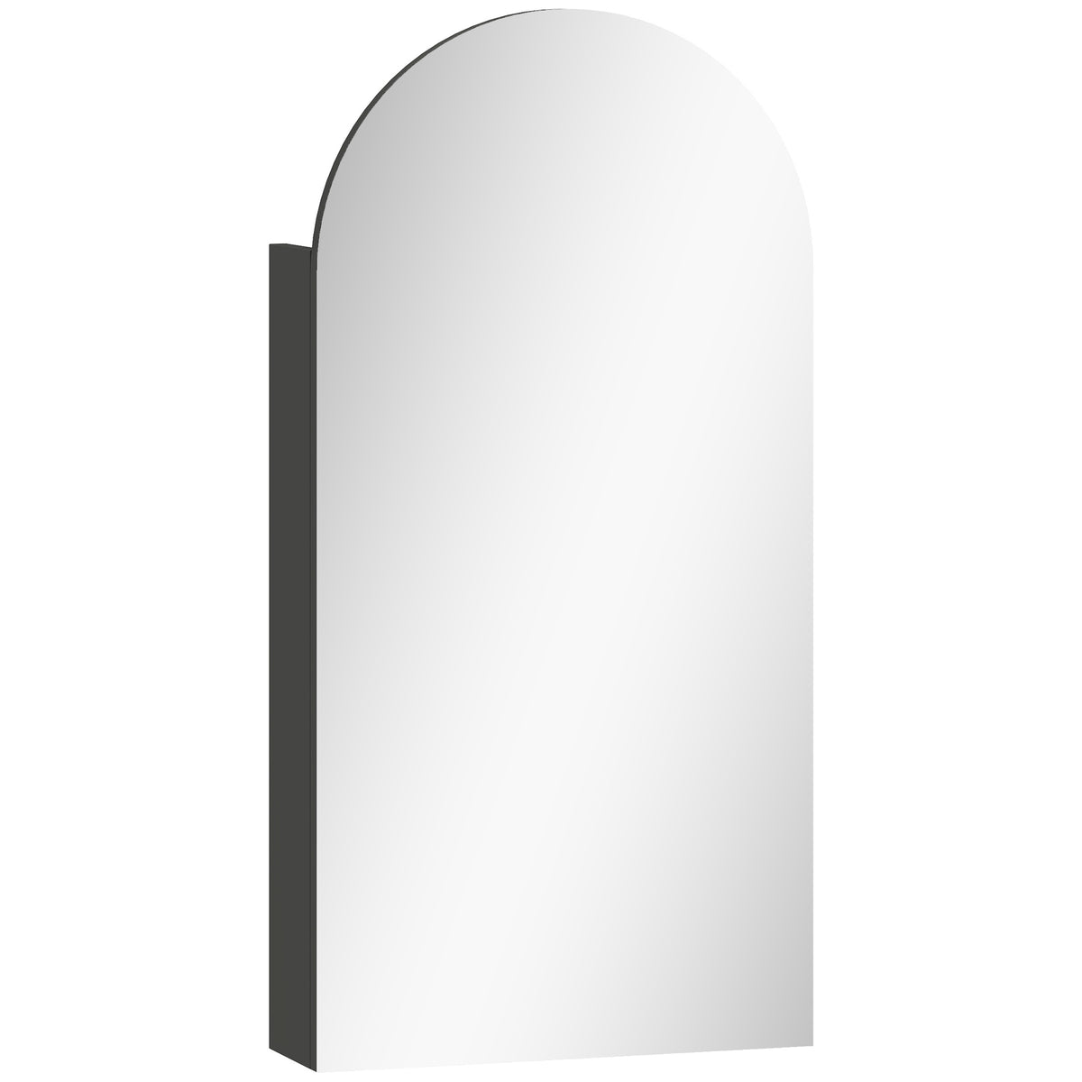 Black arched frameless mirror bathroom cabinet with three adjustable glass shelves