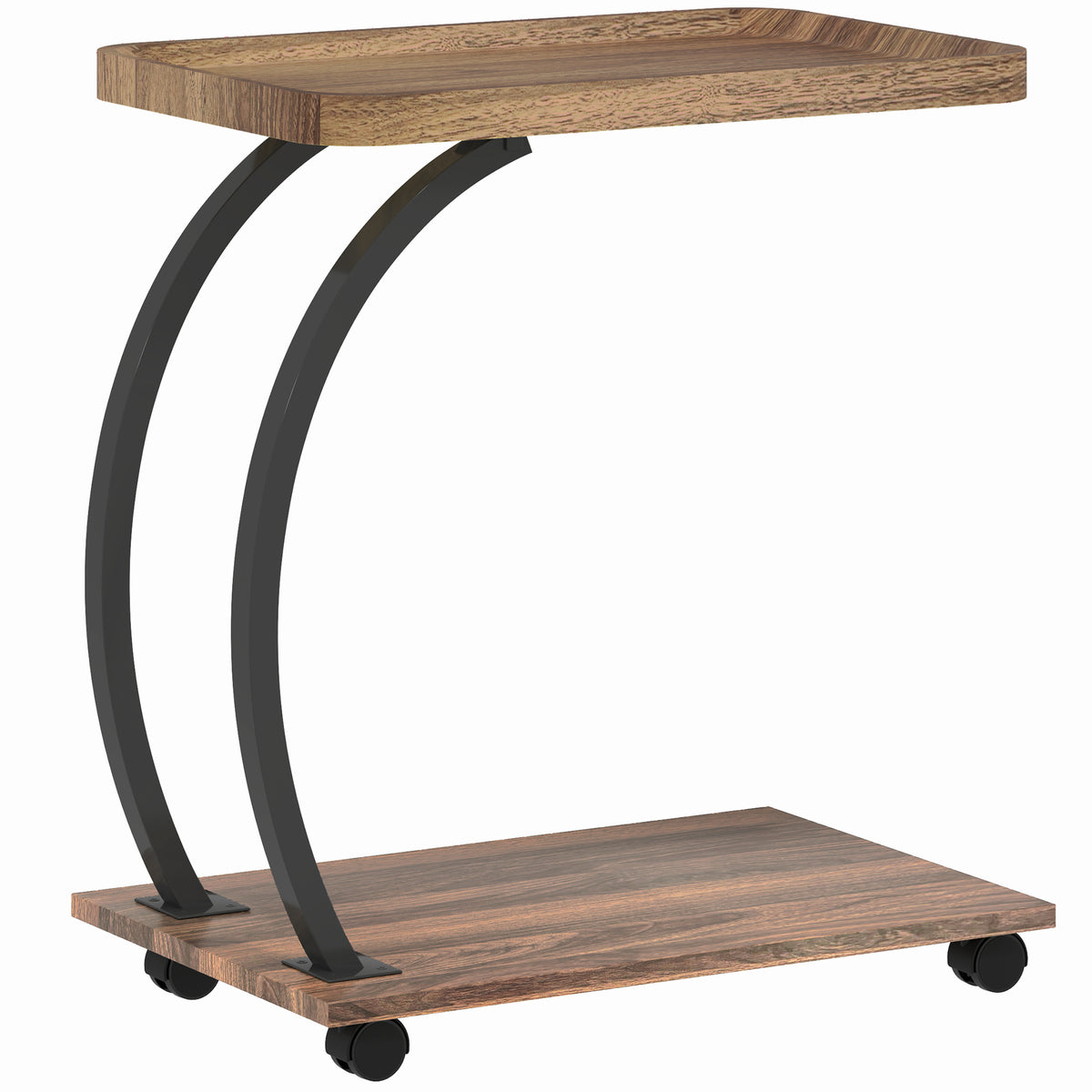 Mobile C-Shaped Side Table with 2-Tier Storage – Brown
