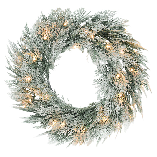 60cm Flocked Pre-Lit Christmas Wreath on a white background